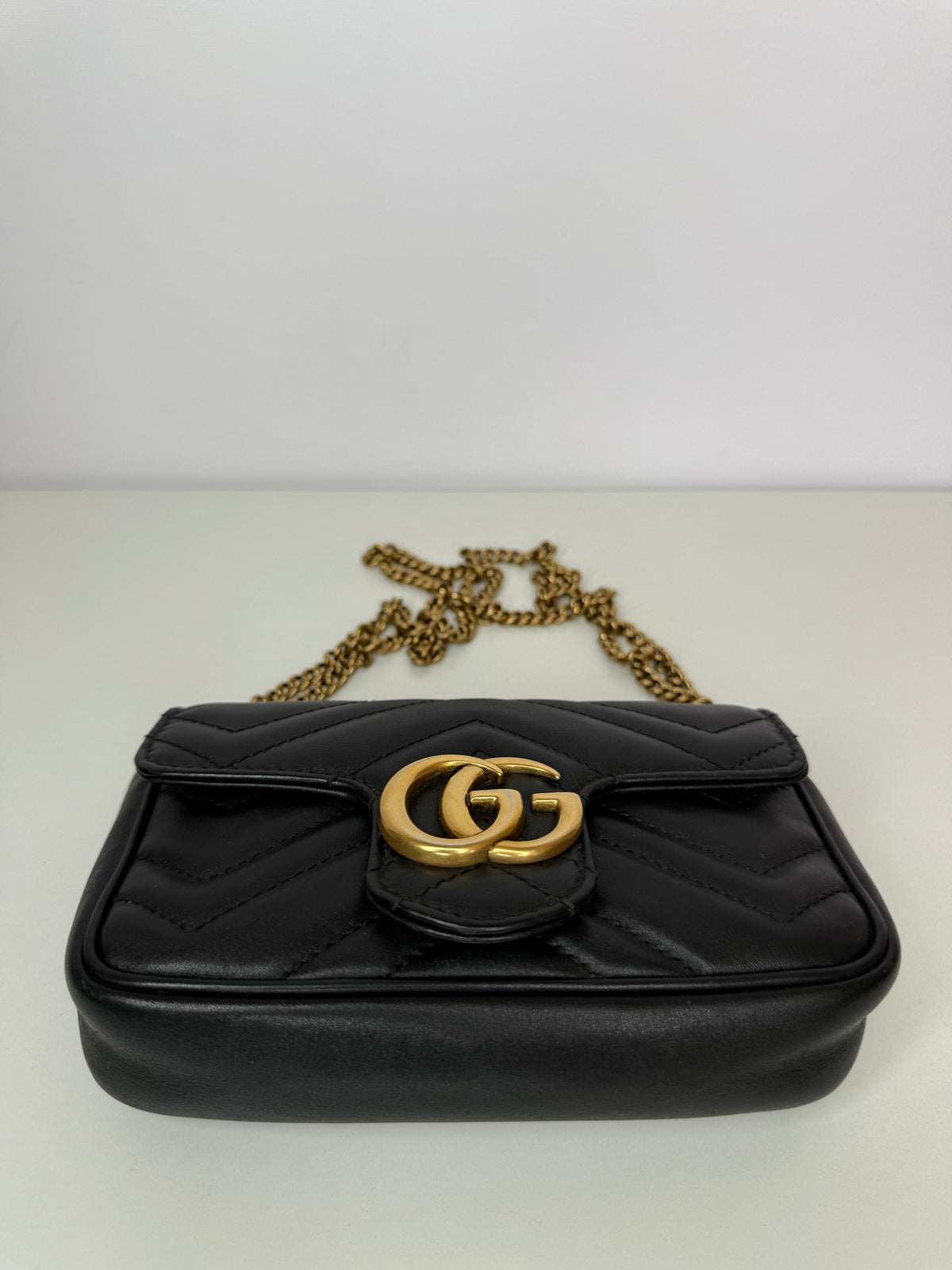 Gucci Black Calfskin Matelasse Super Mini GG Marmont Shoulder Bag