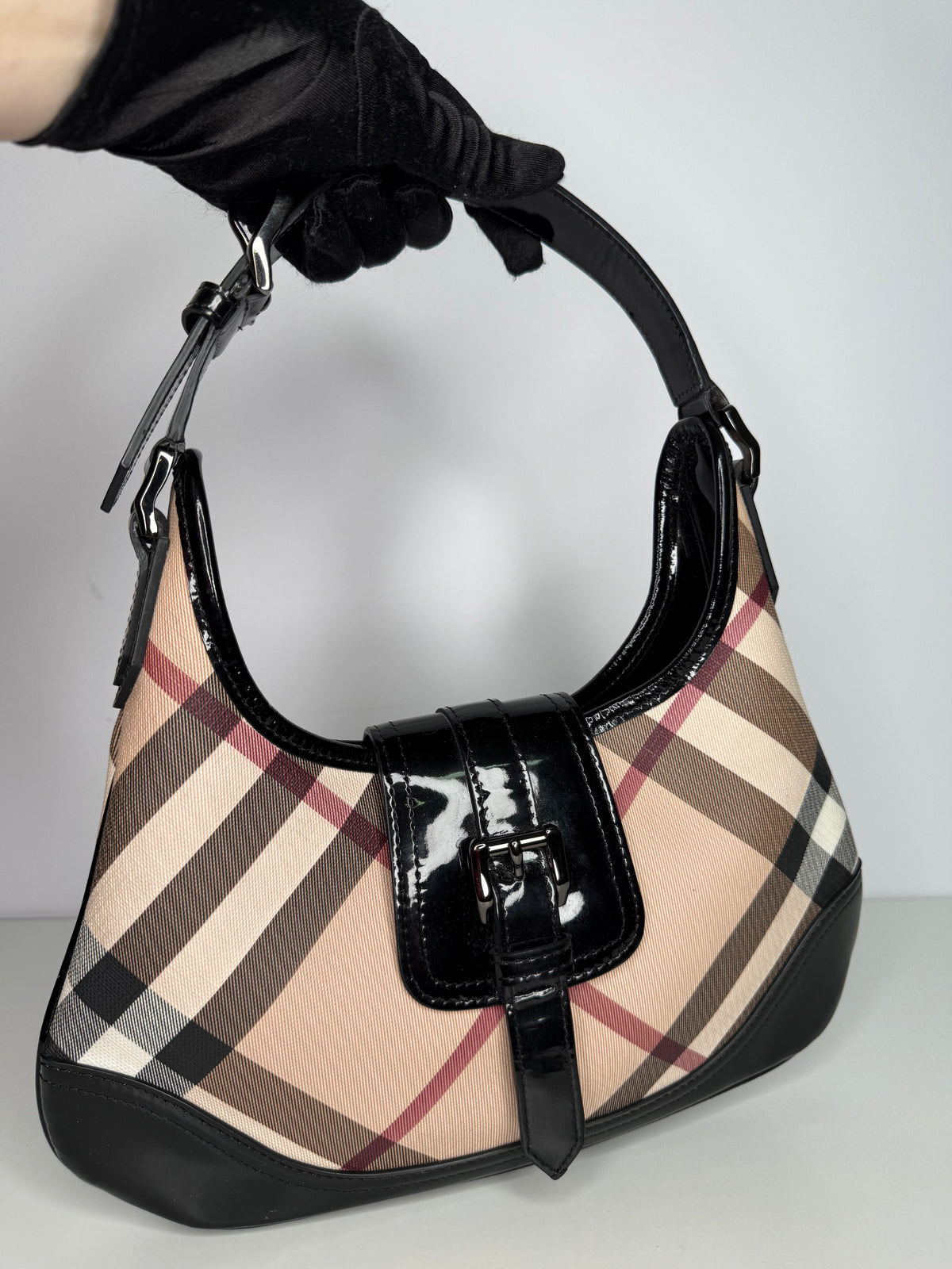 Burberry Black/Beige Nova Check PVC and Patent Leather Mini Brooke Hobo