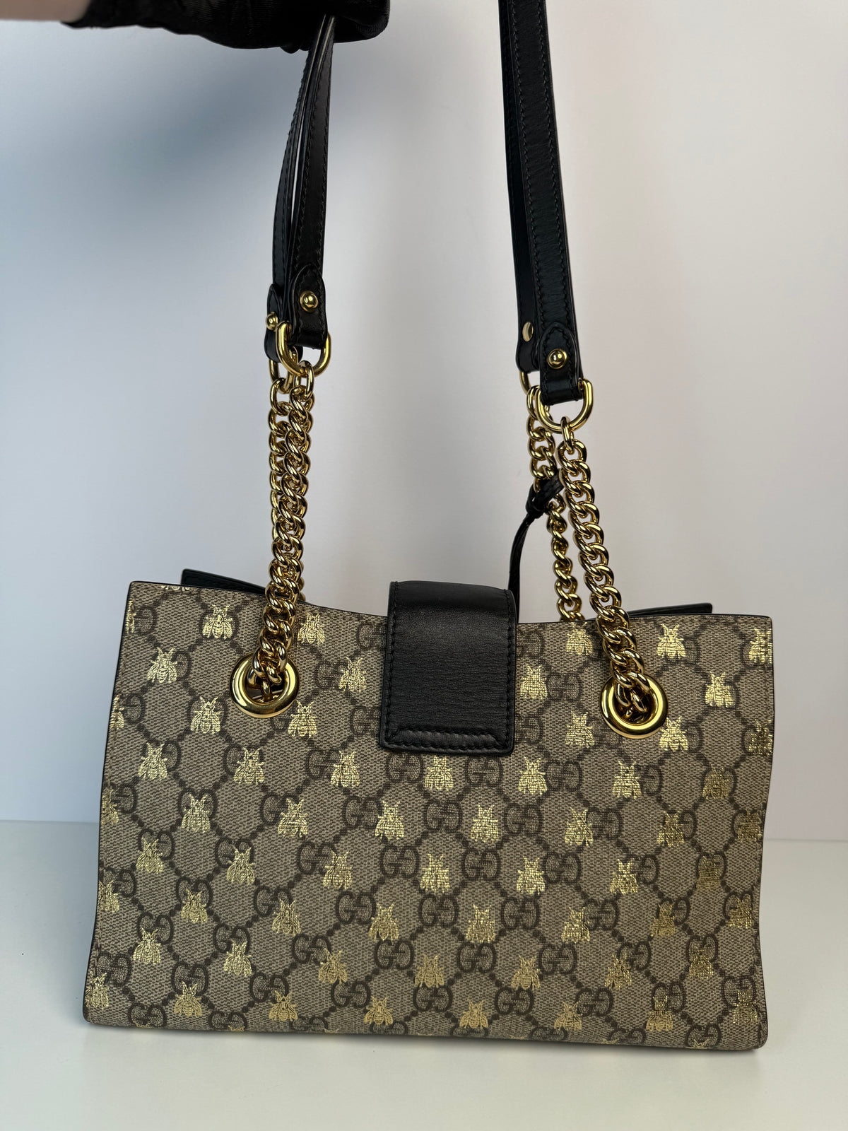 Gucci Neutral Padlock GG Supreme Canvas With Gold Bees Print