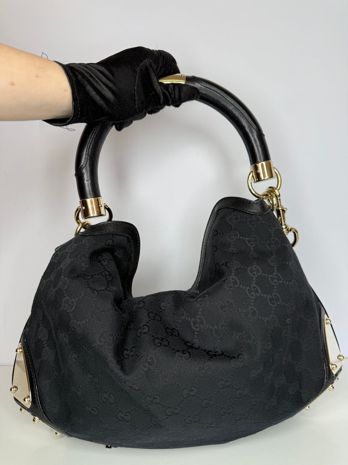 Gucci Black GG Canvas Medium Babouska Indy Top Handle Bag