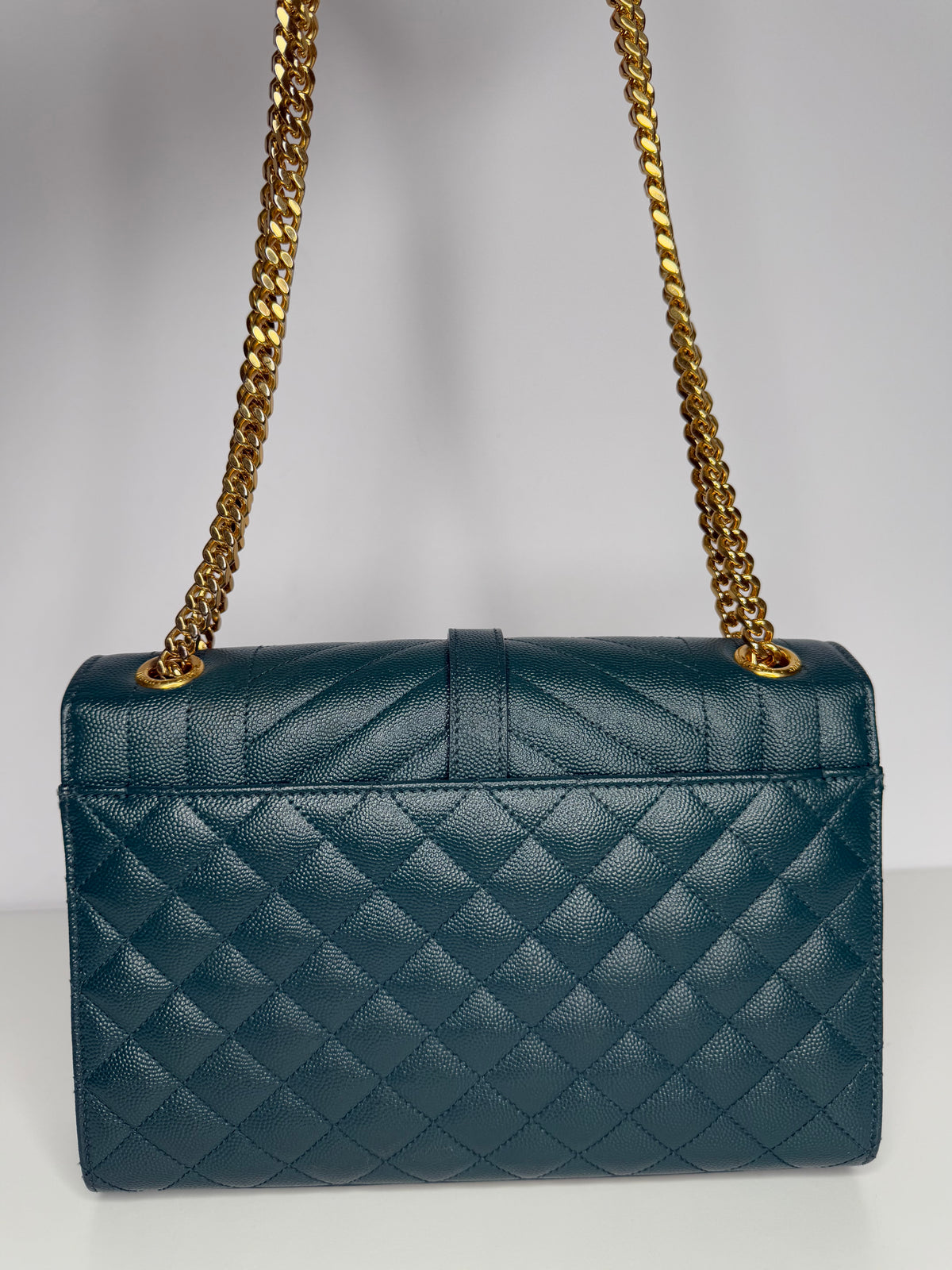 Saint Laurent Envelope Medium Quilted Grain De Poudre Green Leather