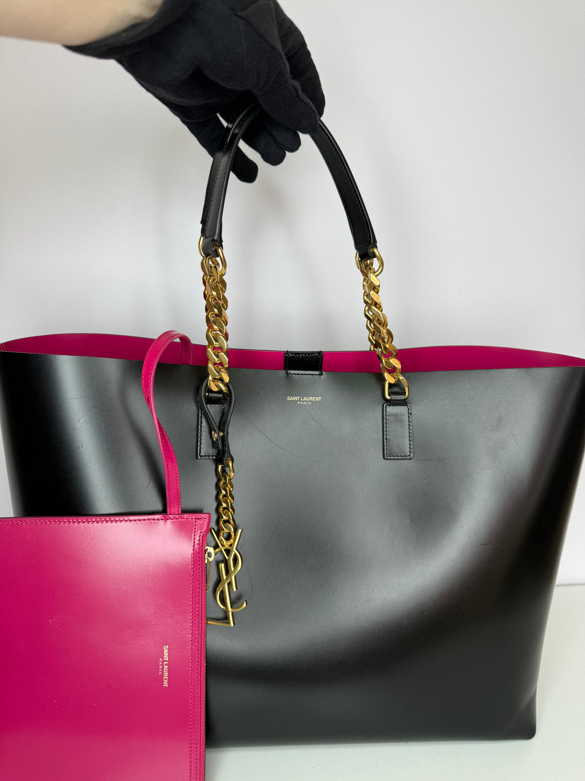 Saint Laurent Black Leather Monogram Double Chain Tote