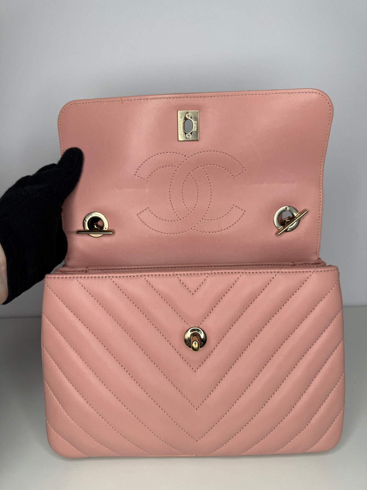 Chanel Small Trendy CC Light Pink Lambskin Chevron Quilted Top Handle Bag