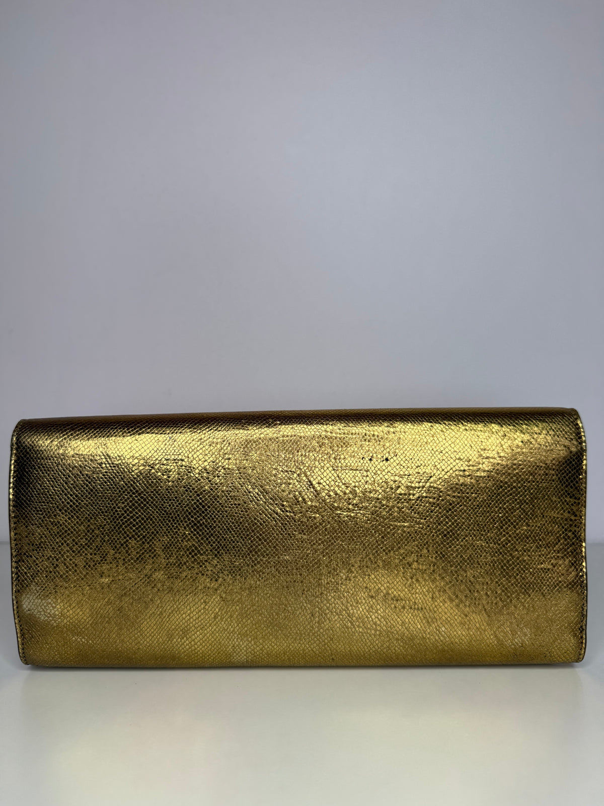 Saint Laurent Lutetia Flap Clutch Snakeskin Embossed Metallic Gold