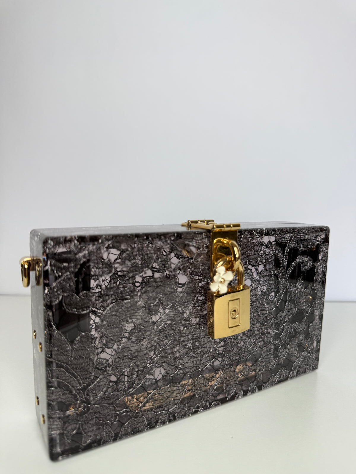 Dolce Gabbana Black Acrylic Lace Box Clutch