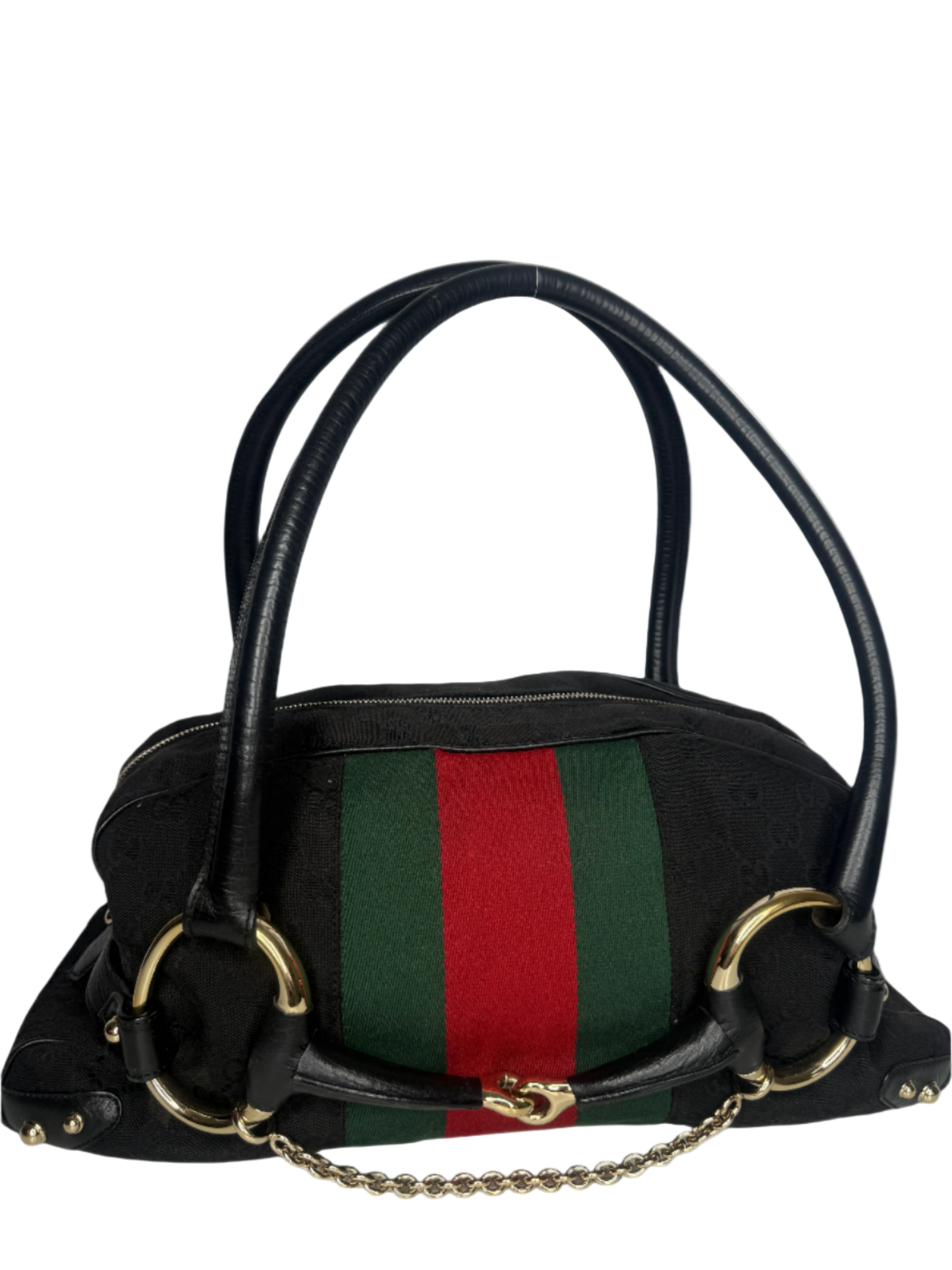 Gucci Black GG Canvas and Leather Web Horsebit Satchel