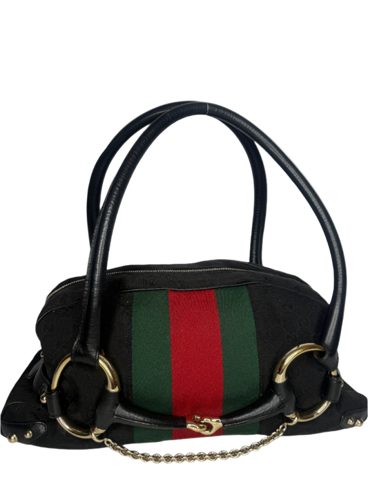 Gucci Black GG Canvas and Leather Web Horsebit Satchel