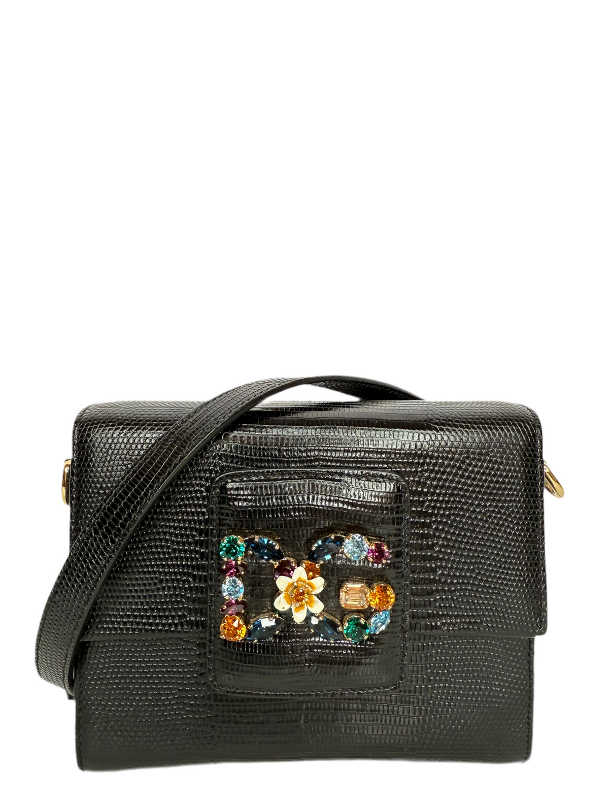 Dolce Gabbana Mini Millennials Black Iguana Leather DG Crystals Crossbody Bag