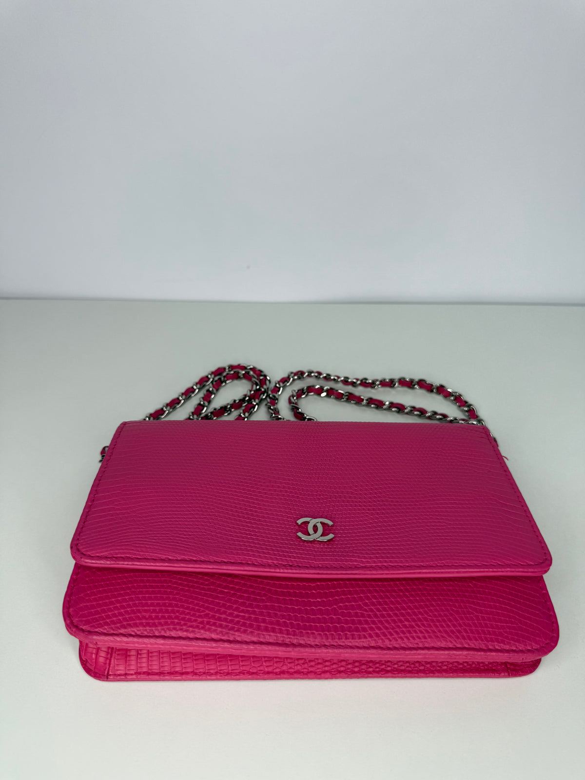 Chanel Pink Lizard Embossed Classic Wallet On Chain