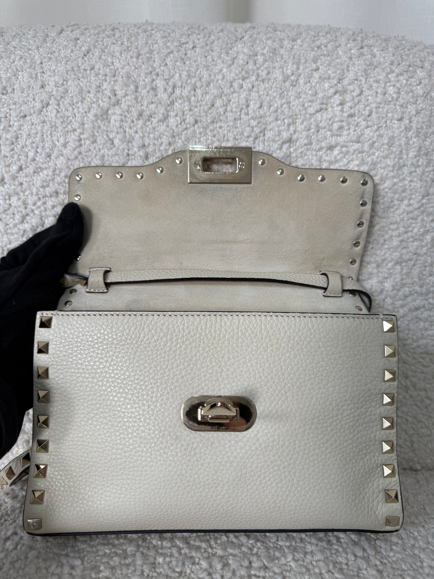 Valentino Garavani Small Rockstud Grainy Calfskin Crossbody Bag Ivory