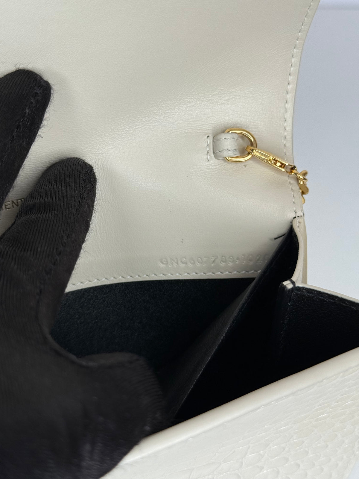 Saint Laurent Uptown Crocodile Embossed Shiny Leather in Ivory Wallet on Chain