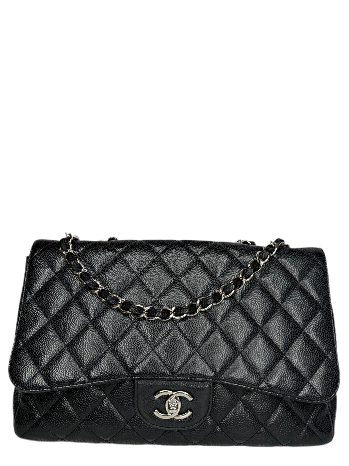 Chanel Jumbo Classic Single Flap Black Caviar Leather Silver Hardware