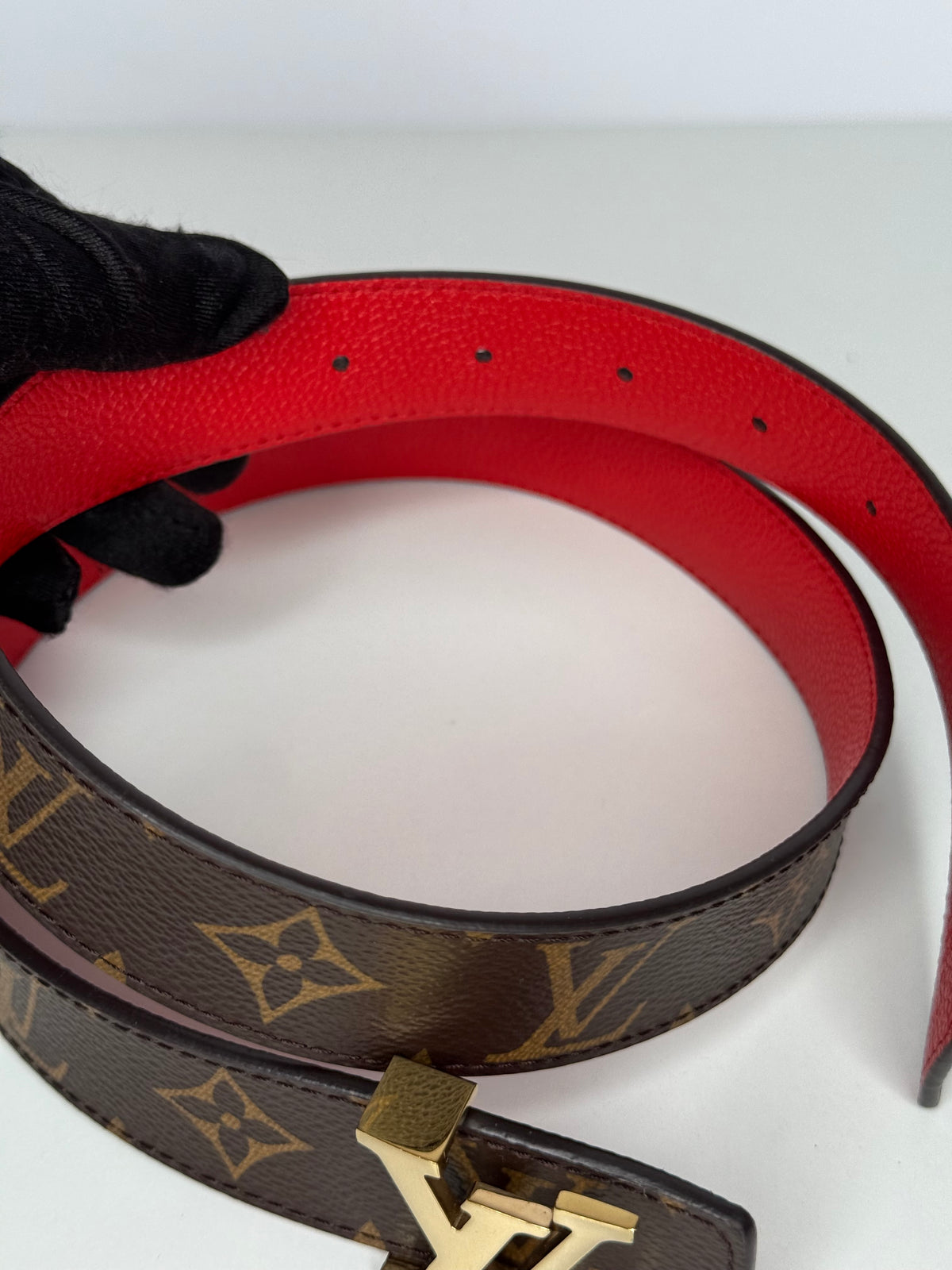 Louis Vuitton Red Monogram Reversible Gold LV Initials Belt