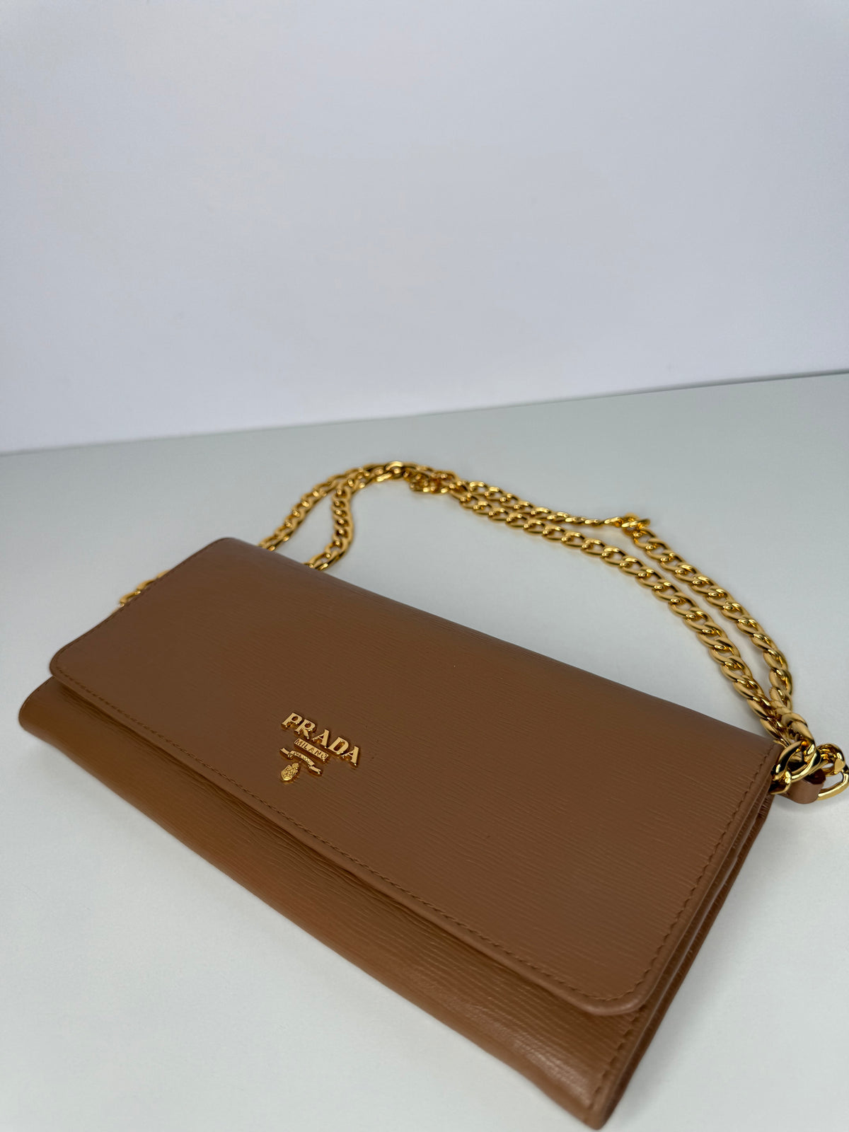 Prada Tan Vitello Move Leather Wallet on Chain