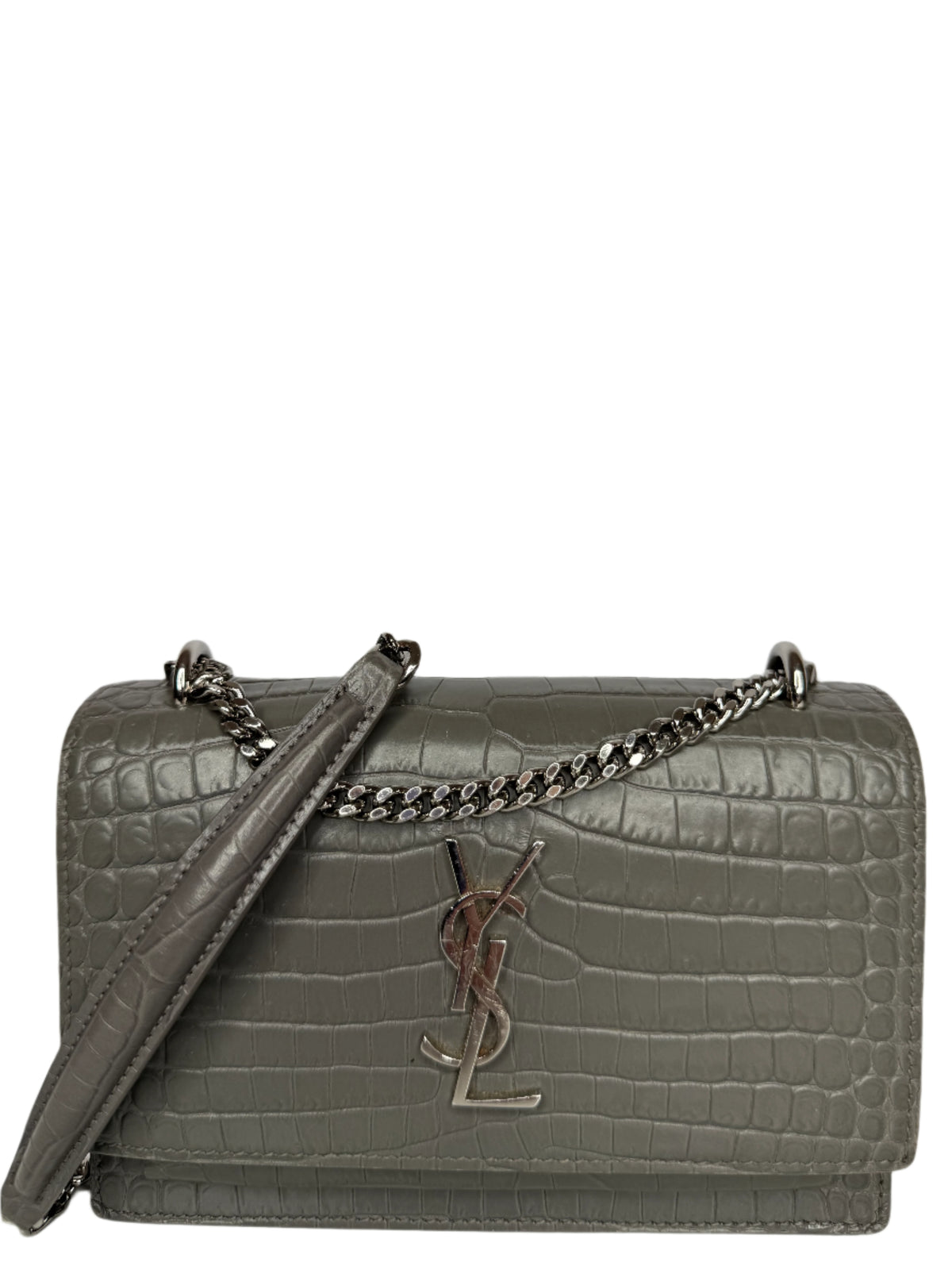 Saint Laurent Grey Croc Embossed Leather Mini Sunset Bag