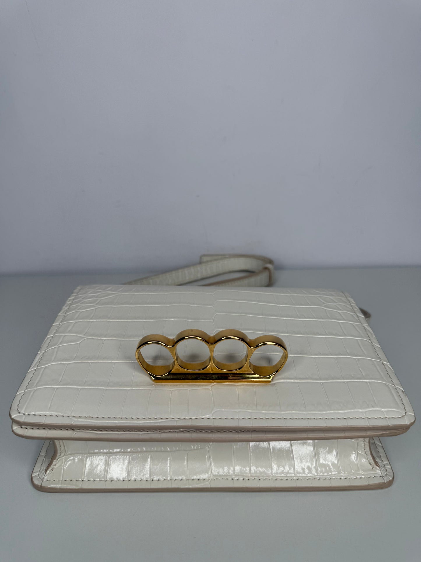 Alexander McQueen Croc Embossed Four Ring Crossbody Bag in Soft Ivory