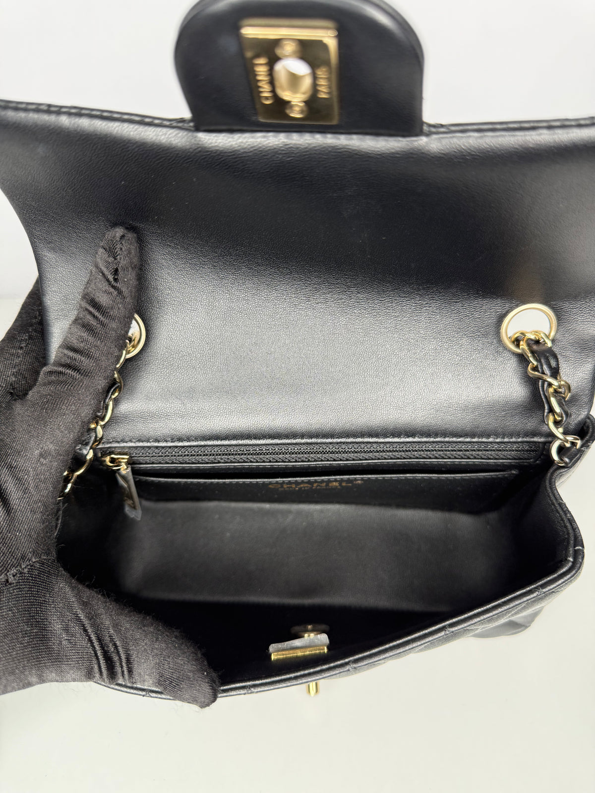 Chanel Classic Mini Rectangular in Black Lambskin Gold Hardware