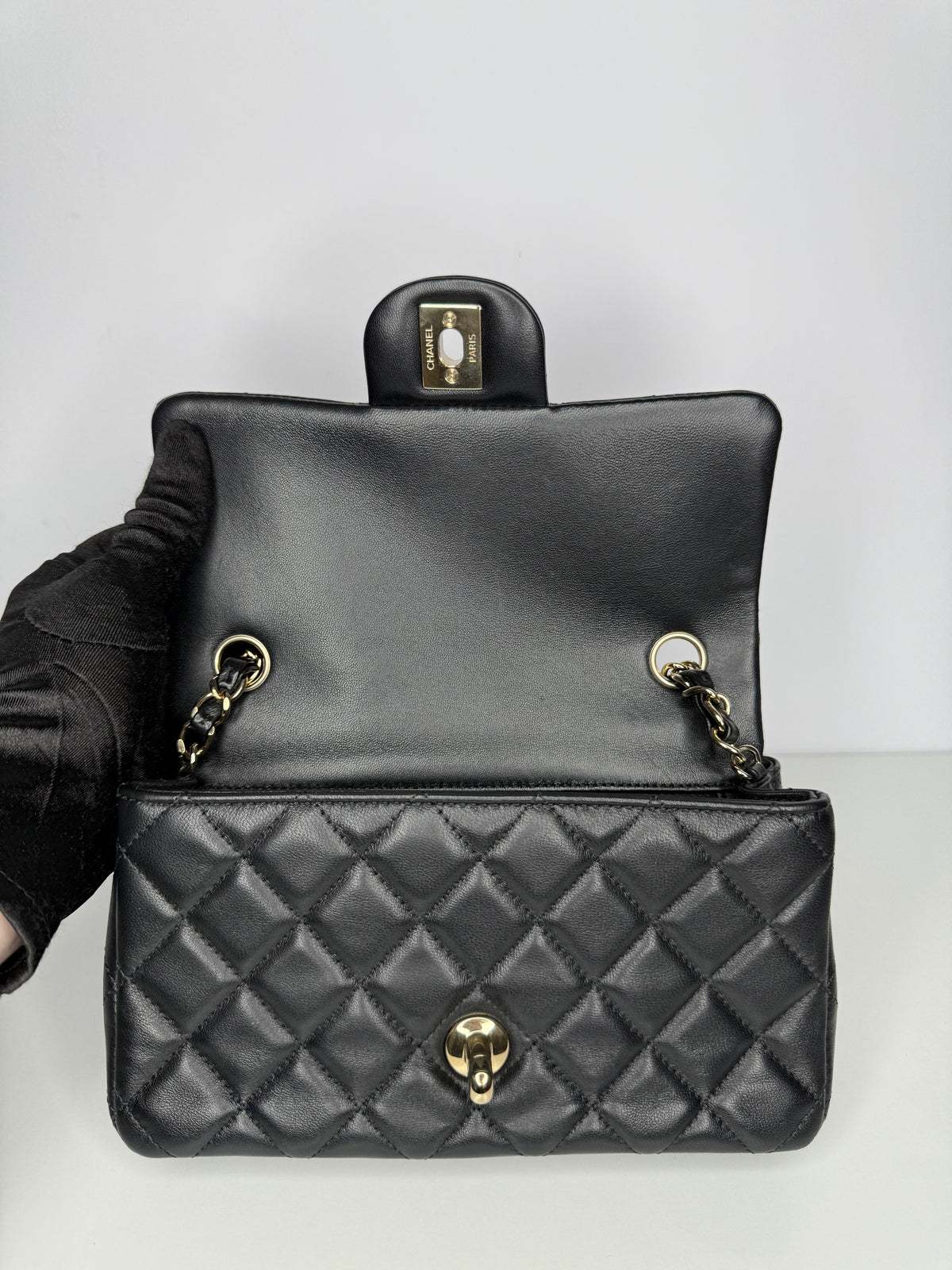 Chanel Classic Mini Rectangular in Black Lambskin Gold Hardware