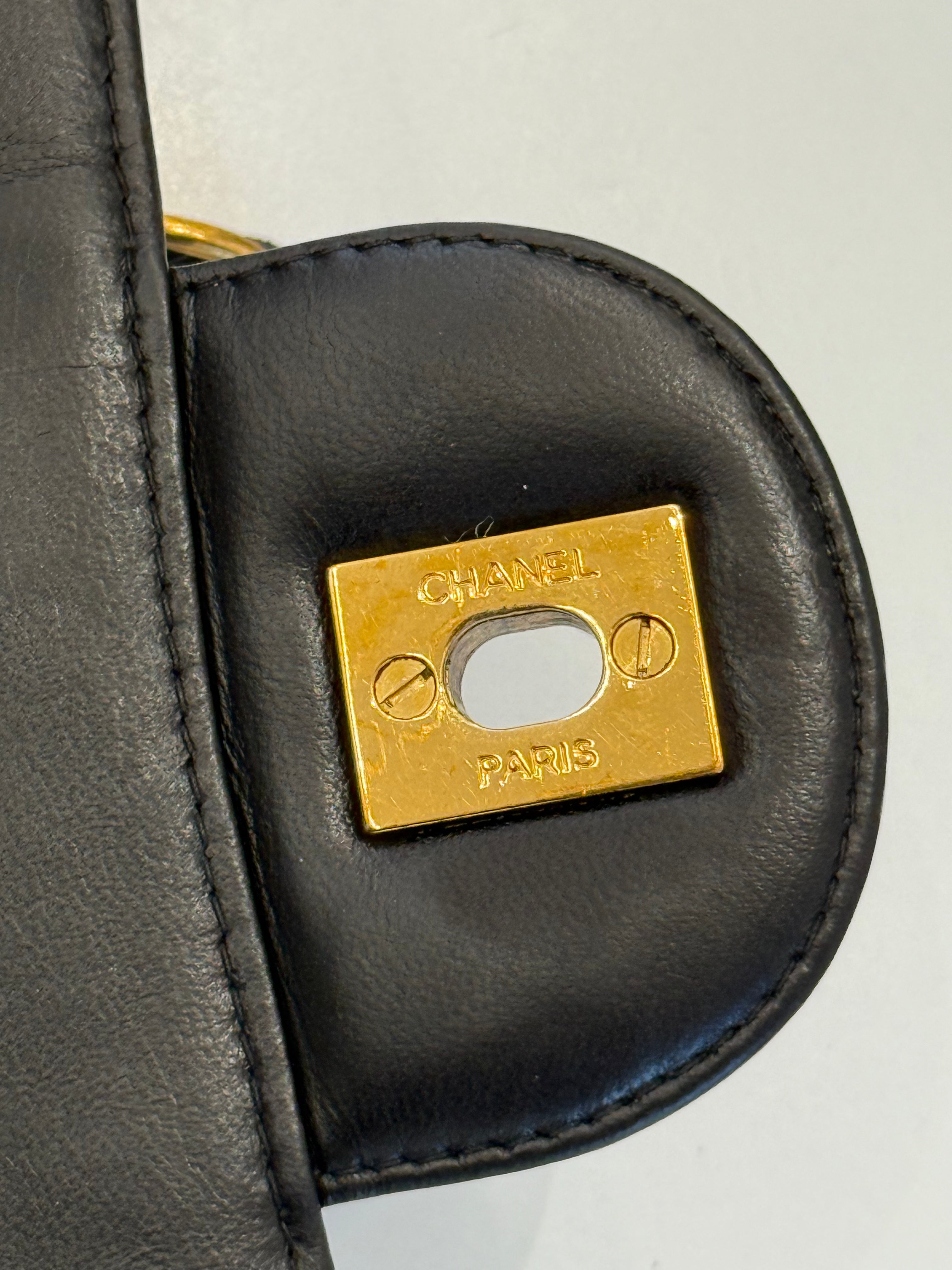 Chanel Vintage Black Jumbo Classic Flap Bag Lambskin Leather 24K Gold Hardware