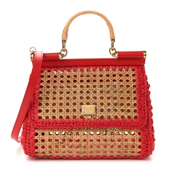 Dolce Gabbana Woven Raffia Miss Sicily Satchel Red