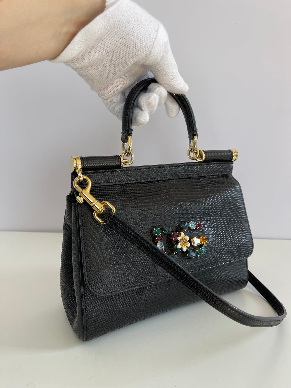 Dolce Gabbana Small Miss Sicily Black Lizard Embossed and Crystal DG Logo