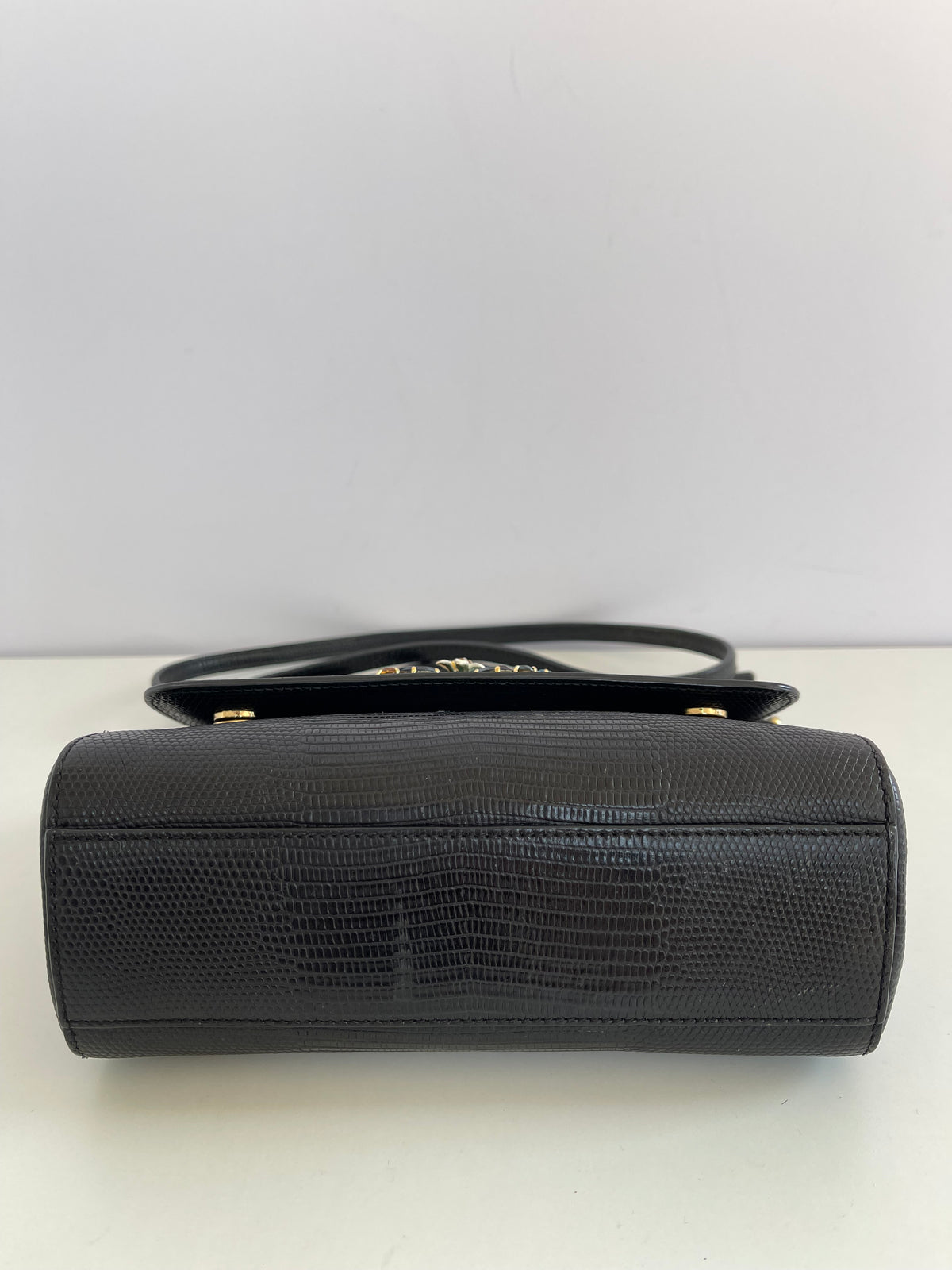 Dolce Gabbana Small Miss Sicily Black Lizard Embossed and Crystal DG Logo