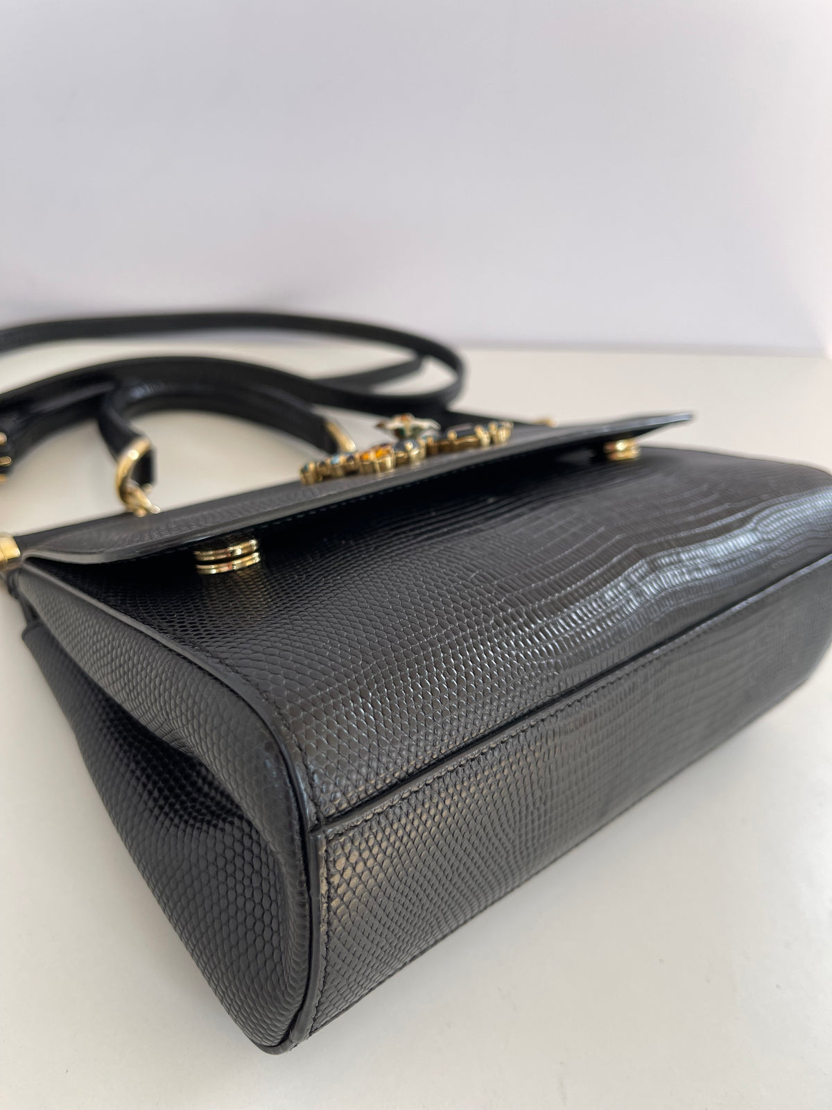 Dolce Gabbana Small Miss Sicily Black Lizard Embossed and Crystal DG Logo