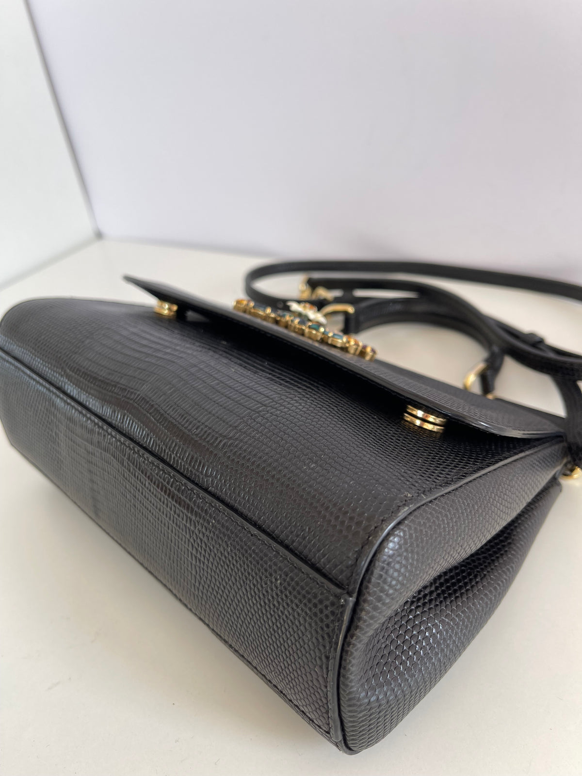 Dolce Gabbana Small Miss Sicily Black Lizard Embossed and Crystal DG Logo