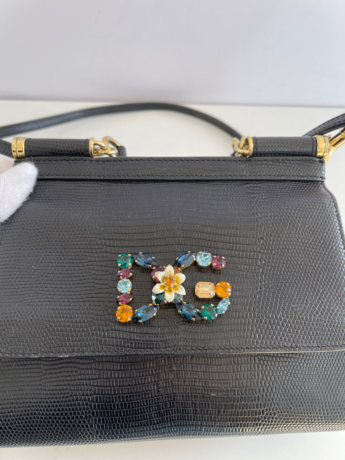 Dolce Gabbana Small Miss Sicily Black Lizard Embossed and Crystal DG Logo