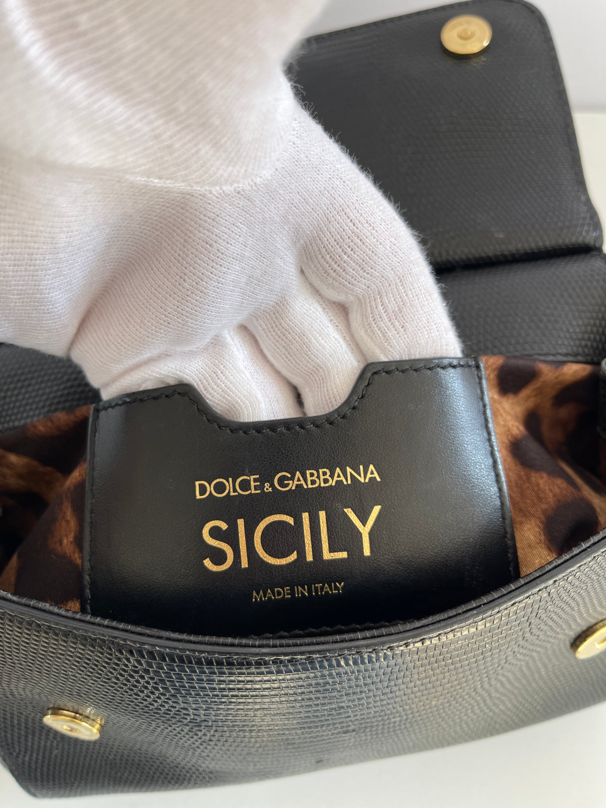 Dolce Gabbana Small Miss Sicily Black Lizard Embossed and Crystal DG Logo