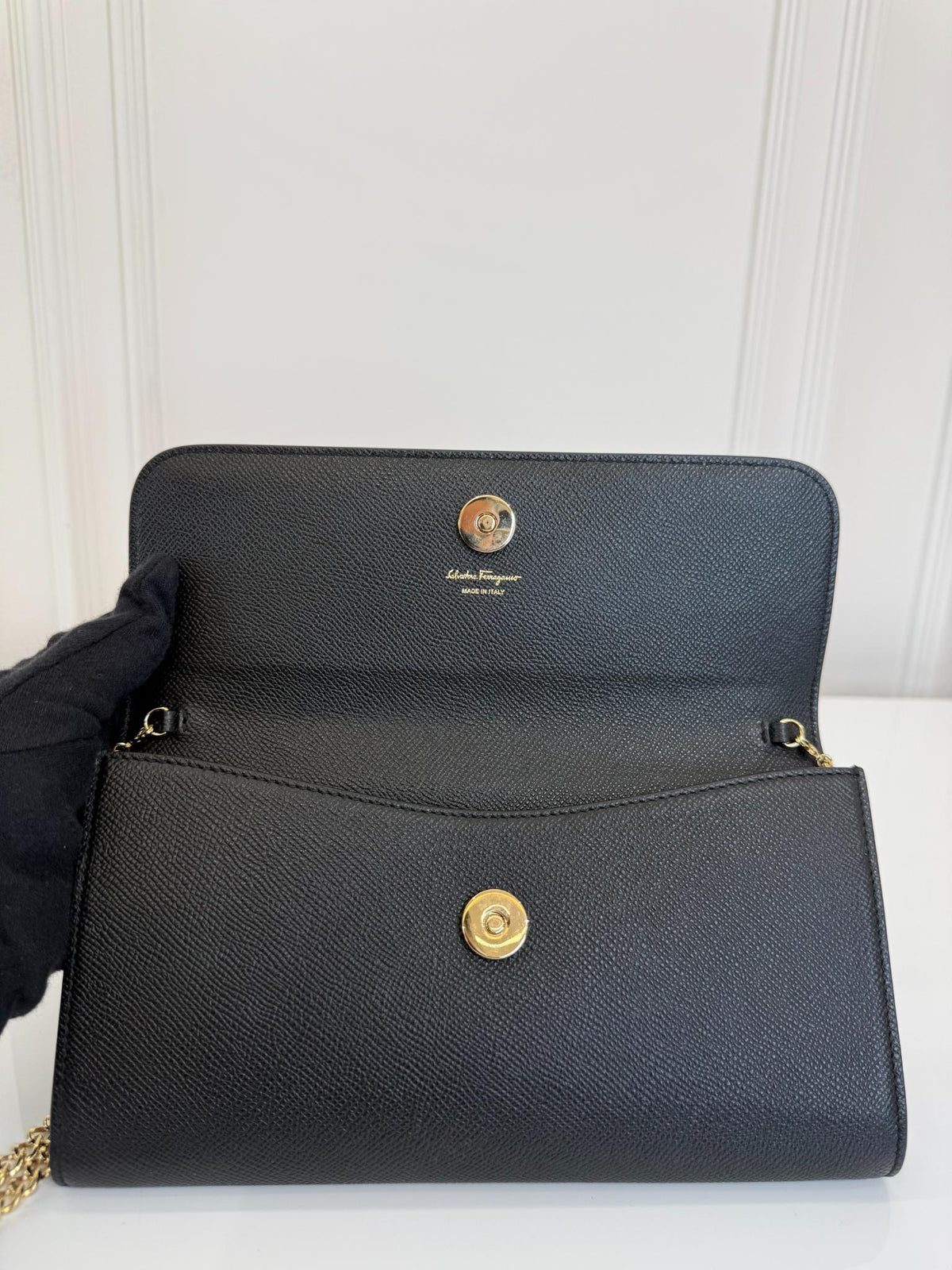 Salvatore Ferragamo Vara Bow Black Leather Wallet on Chain