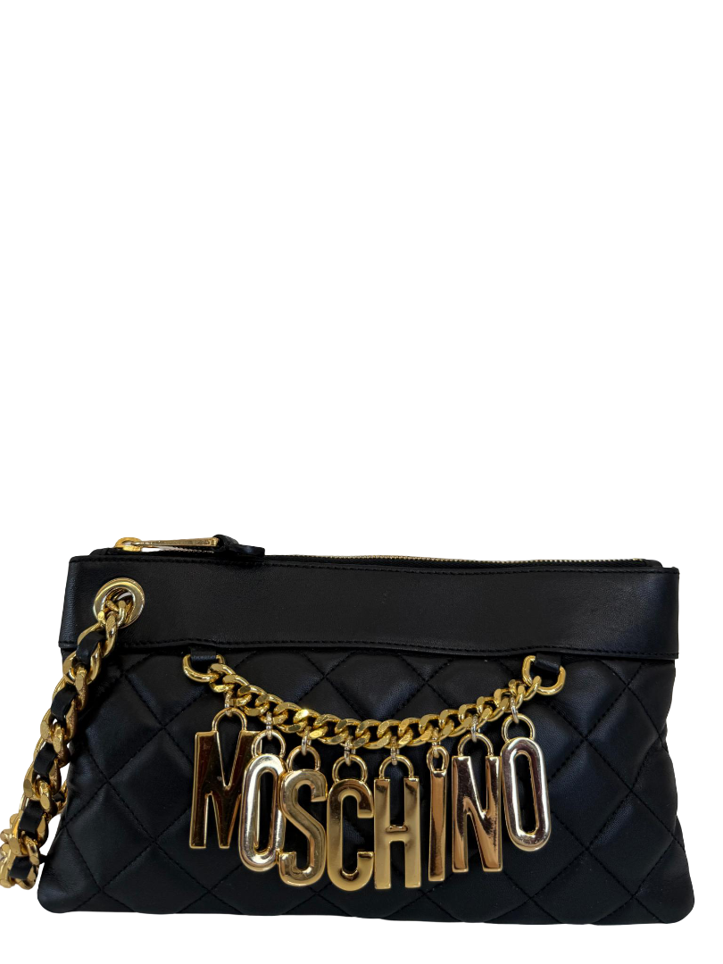 Moschino Black Quilted Leather Charms Wristlet Clutch