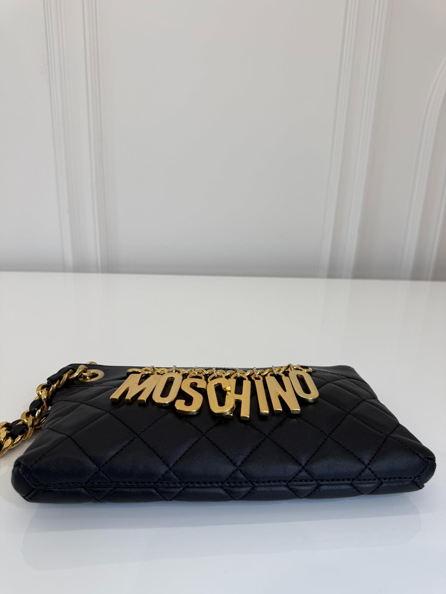 Moschino Black Quilted Leather Charms Wristlet Clutch