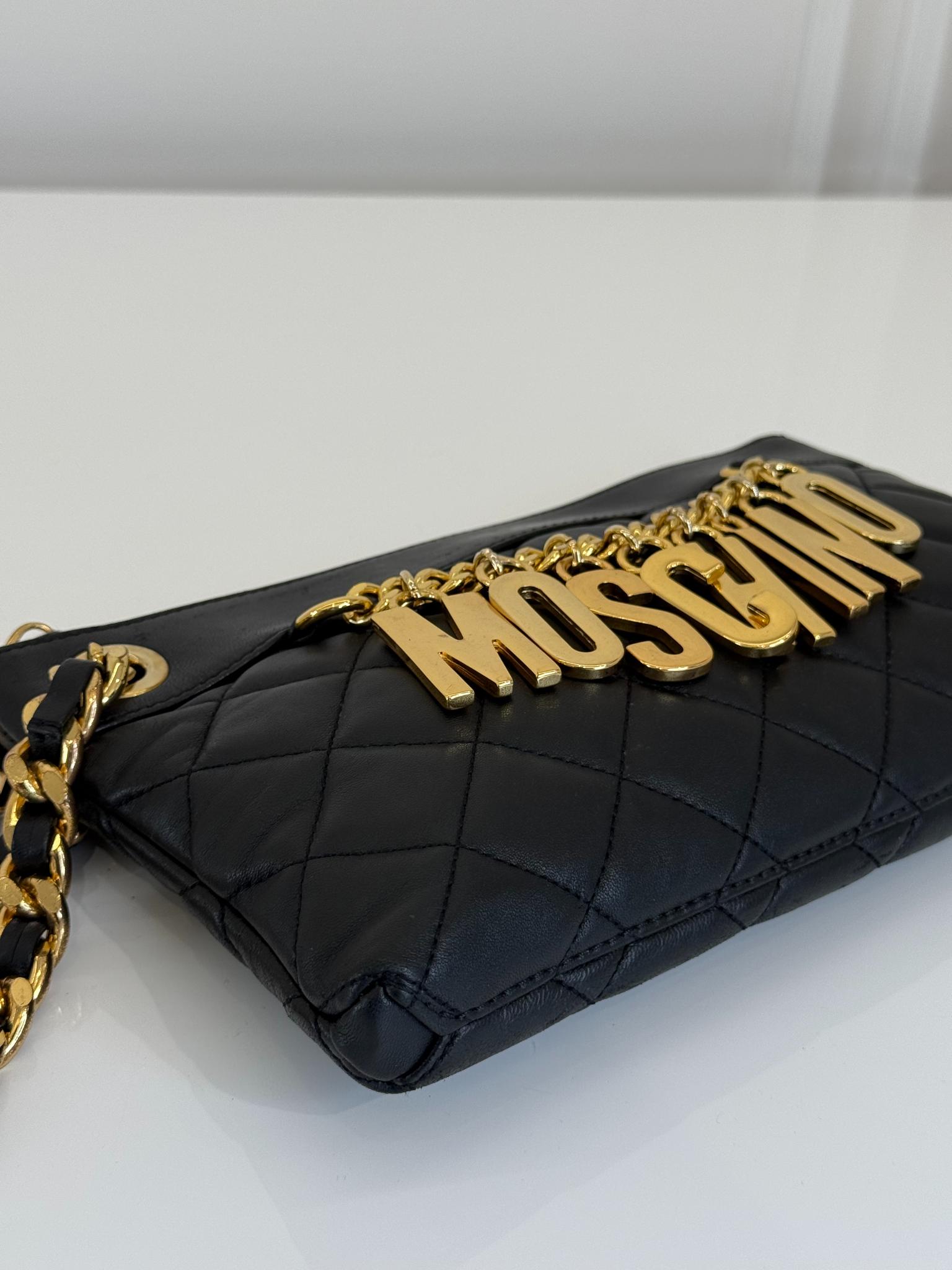 Moschino Black Quilted Leather Charms Wristlet Clutch