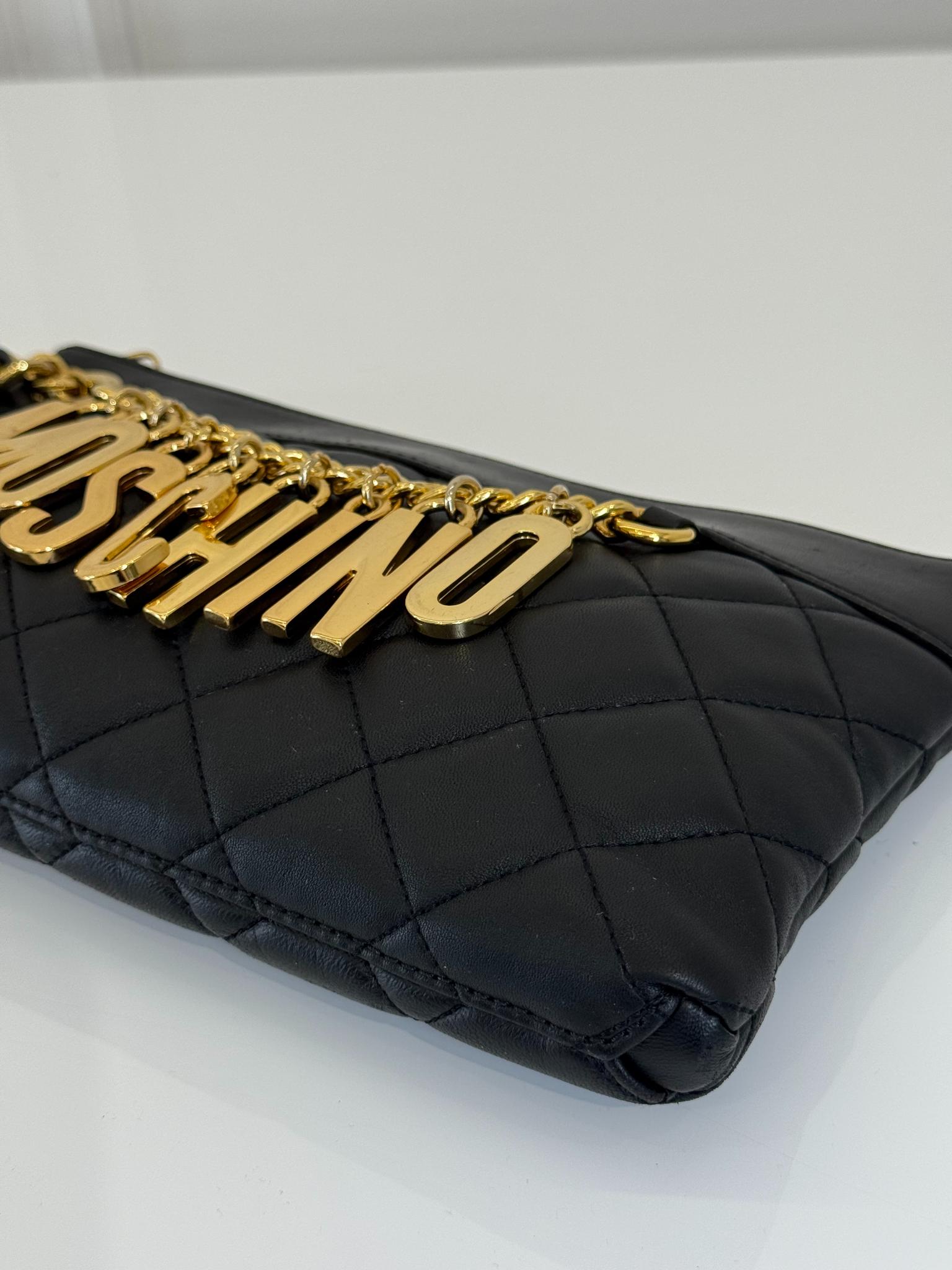 Moschino Black Quilted Leather Charms Wristlet Clutch