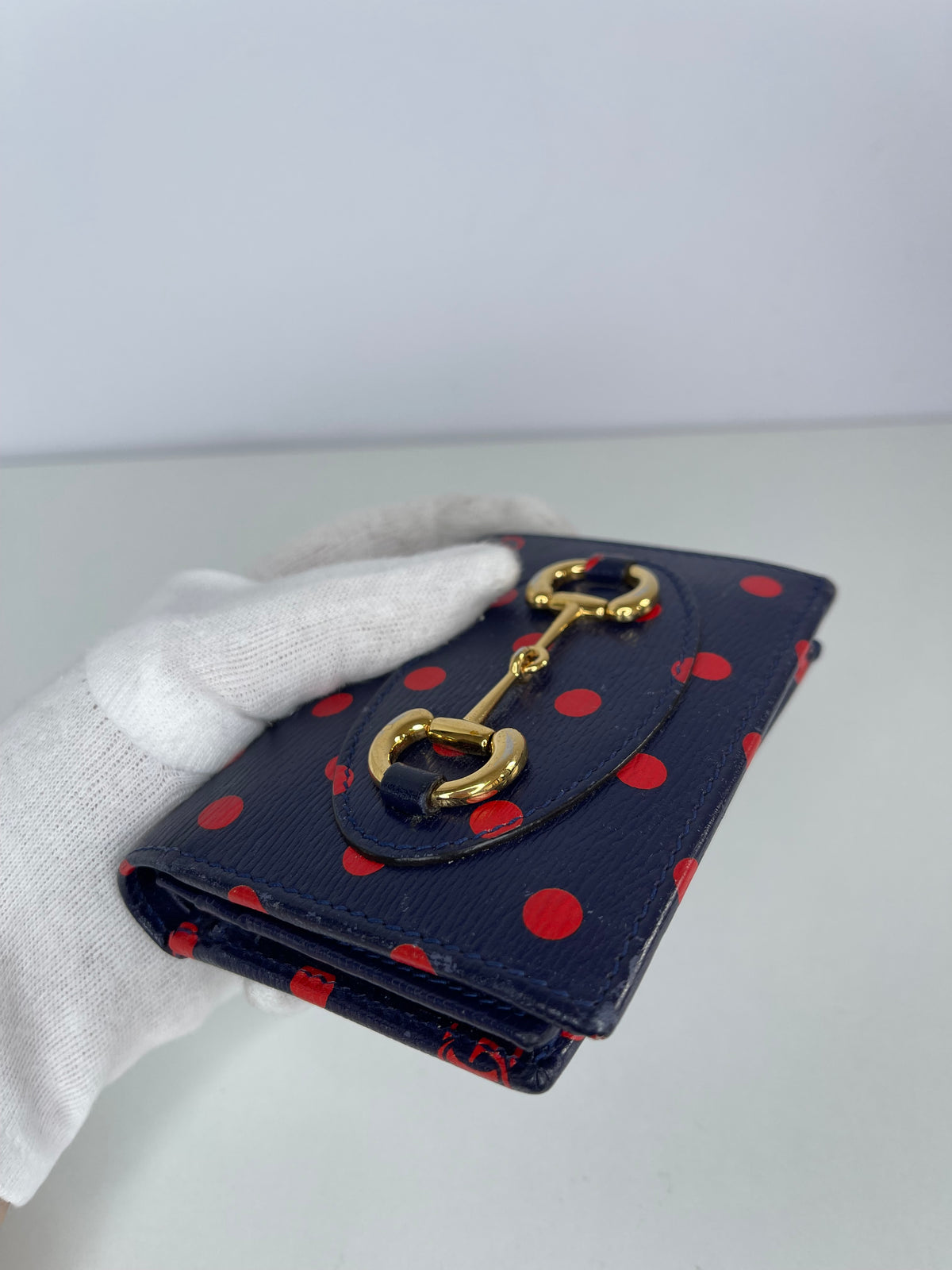 Gucci Horsebit 1955 Navy/Red Leather Polka Dot Bifold Wallet