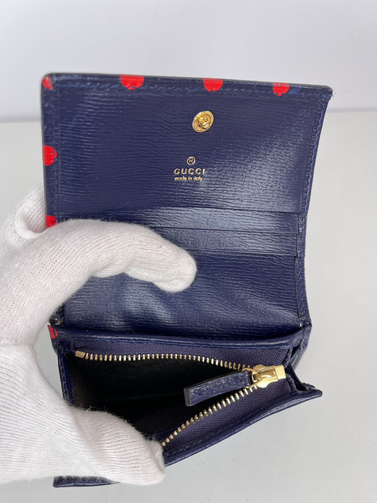 Gucci Horsebit 1955 Navy/Red Leather Polka Dot Bifold Wallet