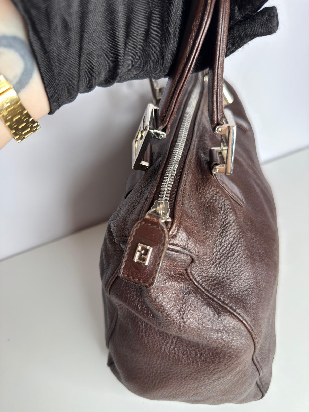 Fendi Dark Brown Leather Shopper Tote