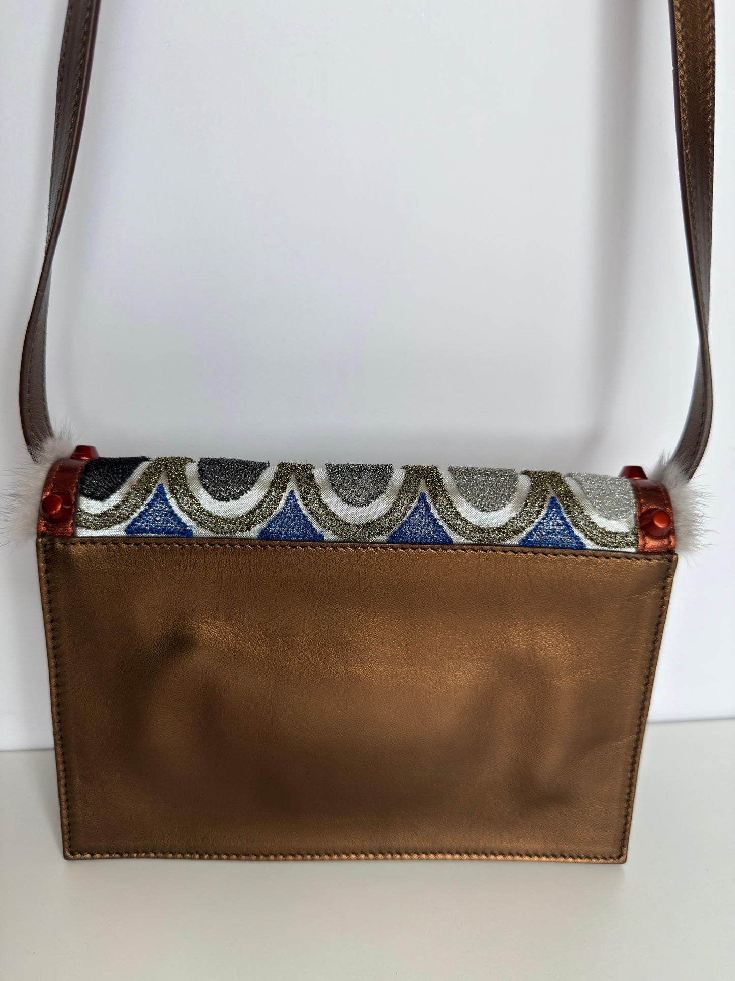 Fendi Mink-Trimmed Dark Metallic Gold Crossbody Bag