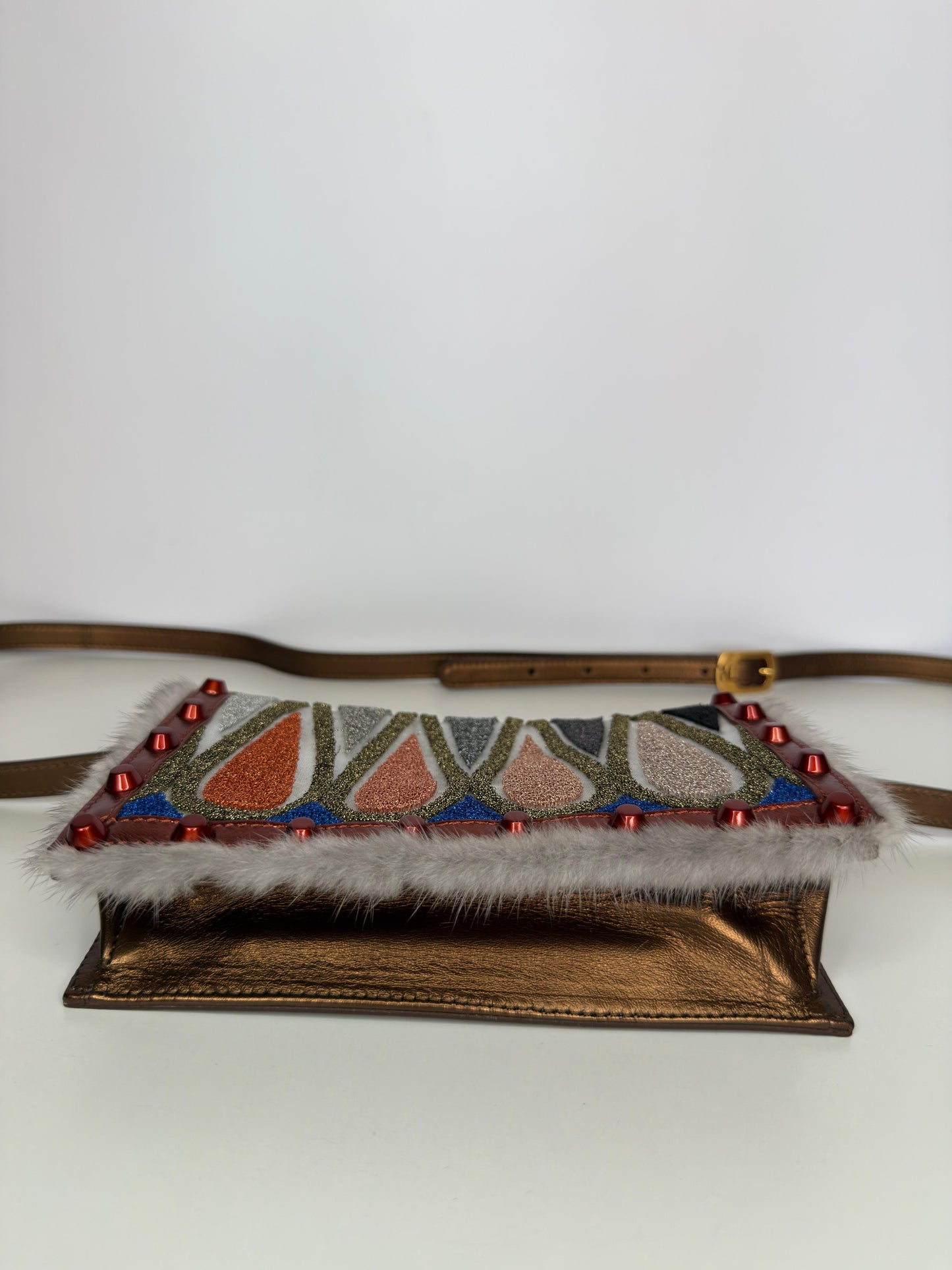 Fendi Mink-Trimmed Dark Metallic Gold Crossbody Bag