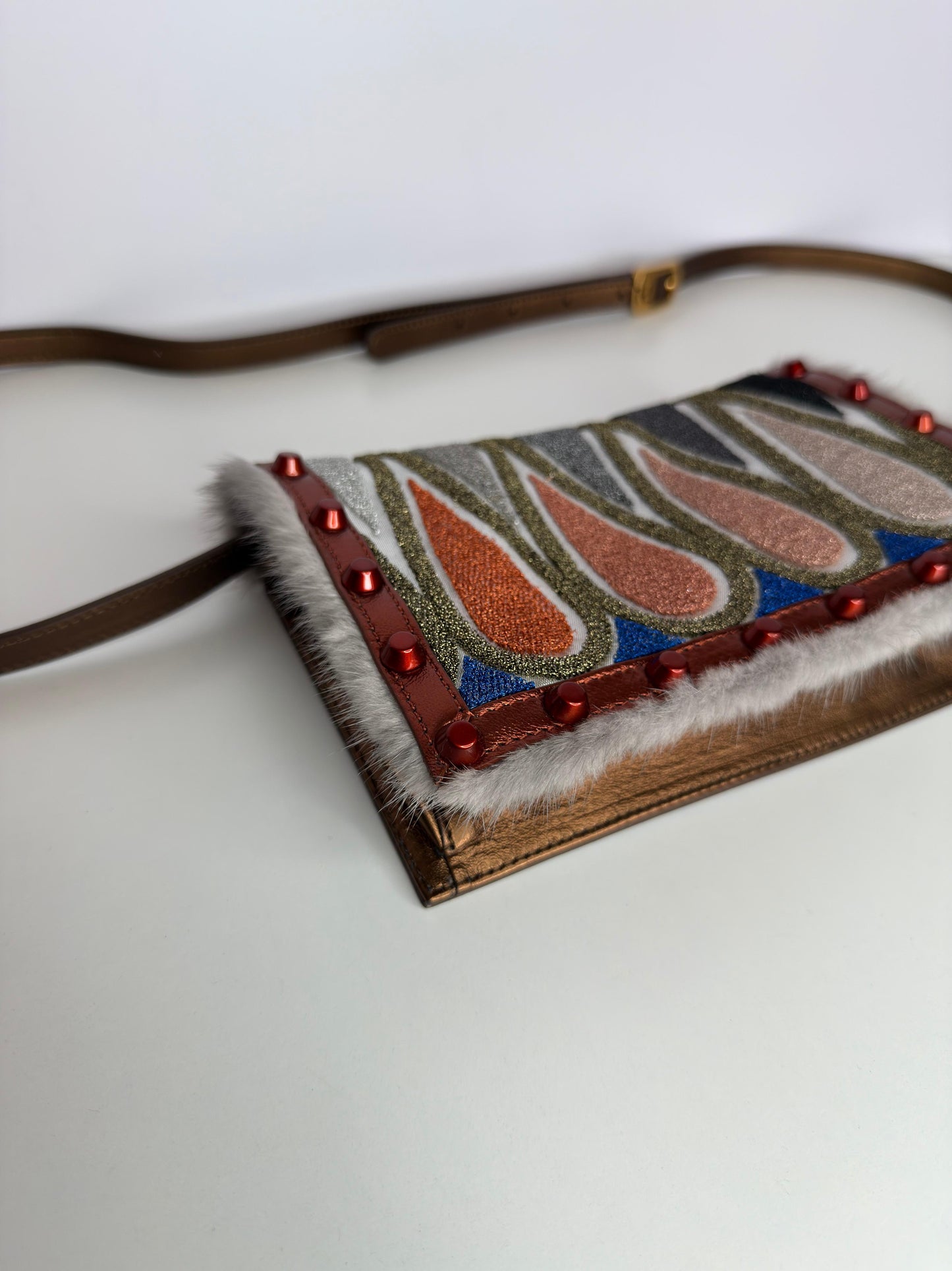 Fendi Mink-Trimmed Dark Metallic Gold Crossbody Bag