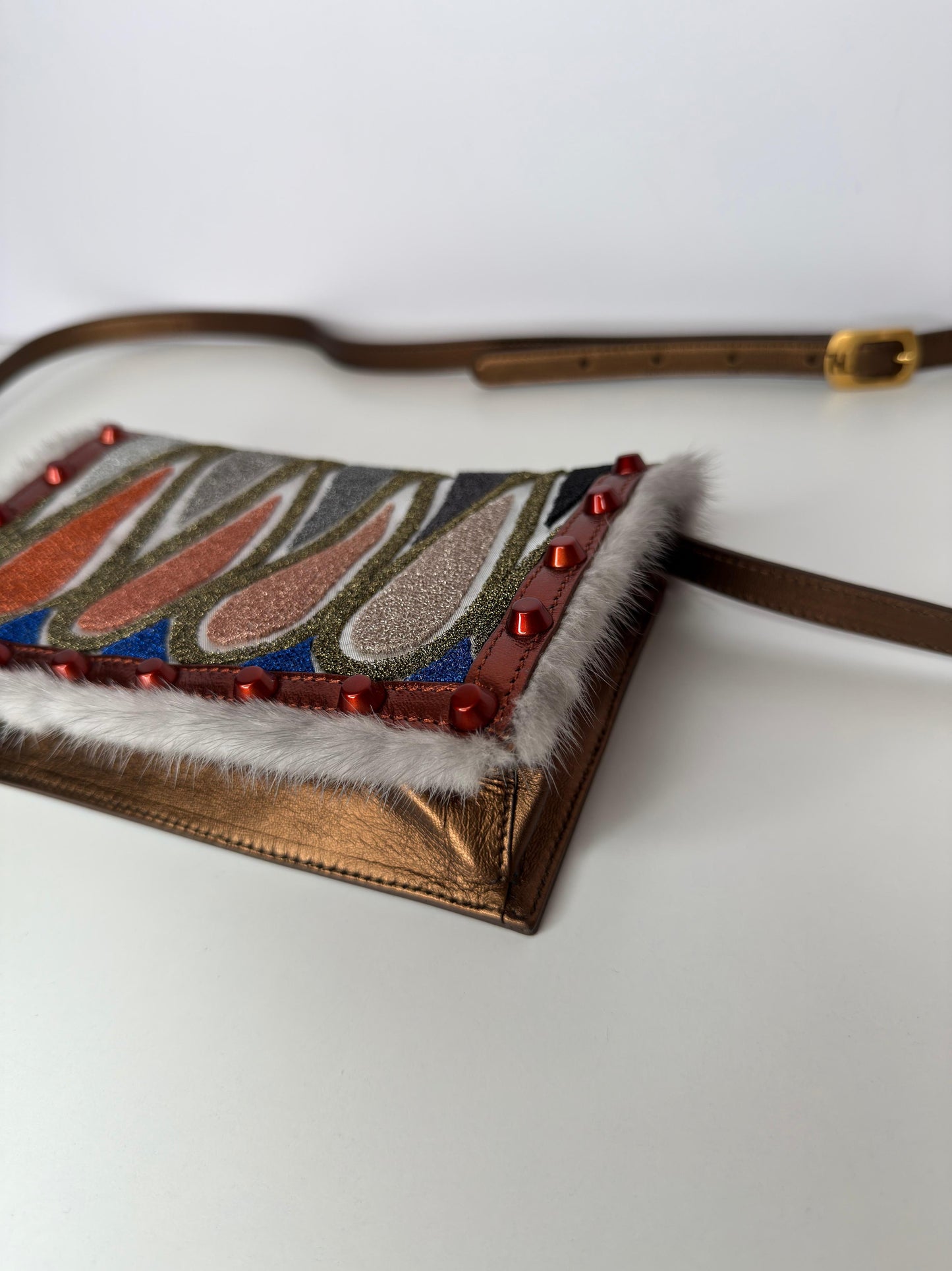 Fendi Mink-Trimmed Dark Metallic Gold Crossbody Bag