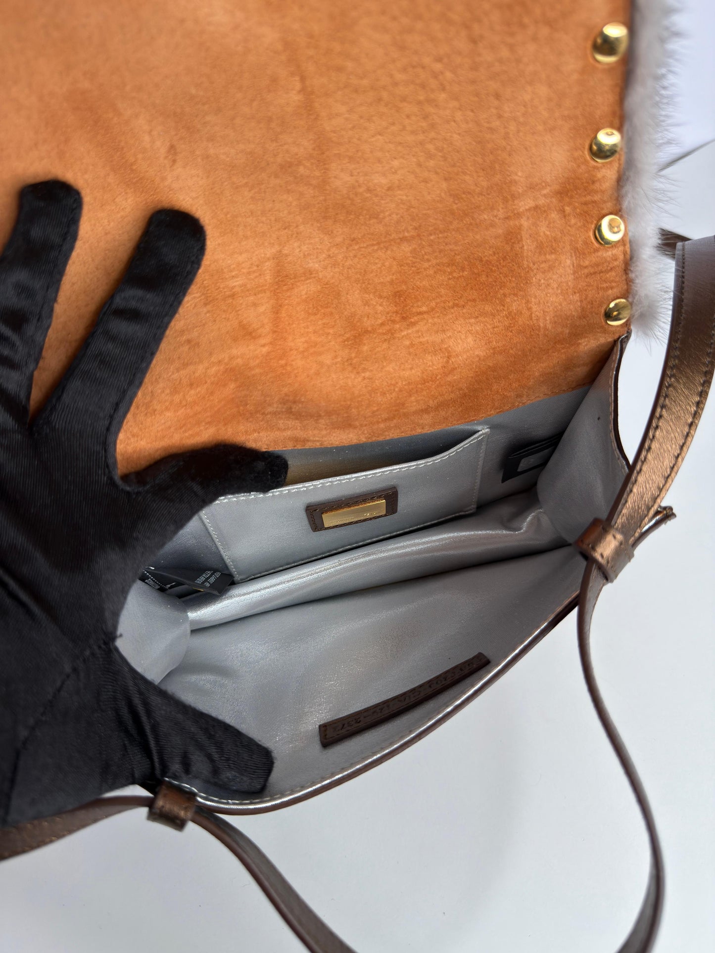 Fendi Mink-Trimmed Dark Metallic Gold Crossbody Bag