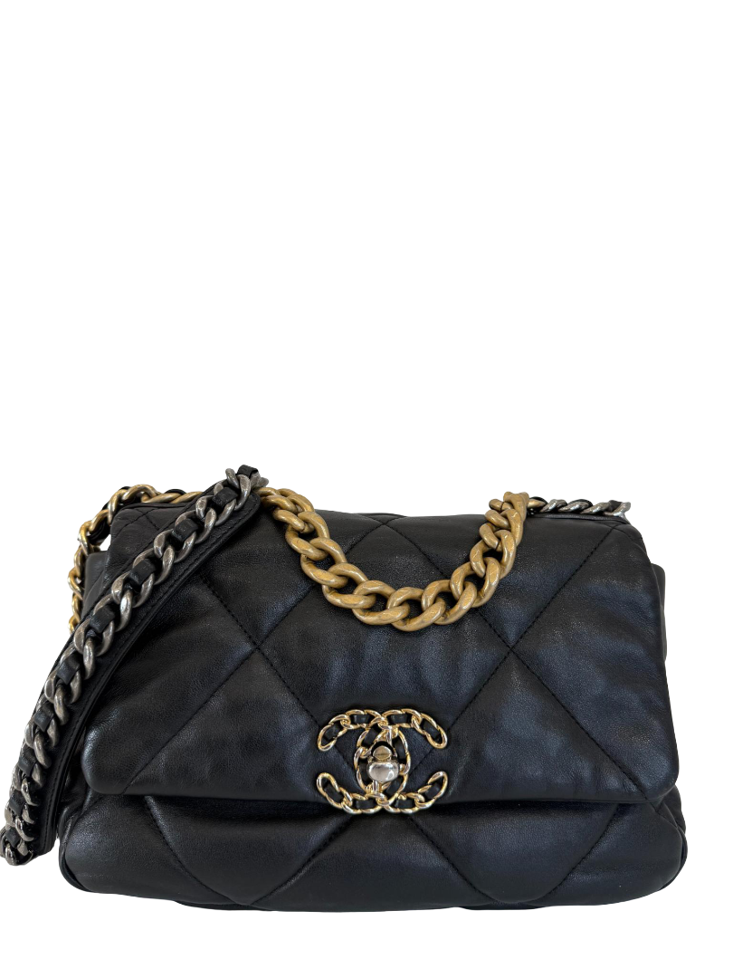 Chanel 19 Black Quilted Calfskin Medium Flap Gold/Ruthenium Hardware