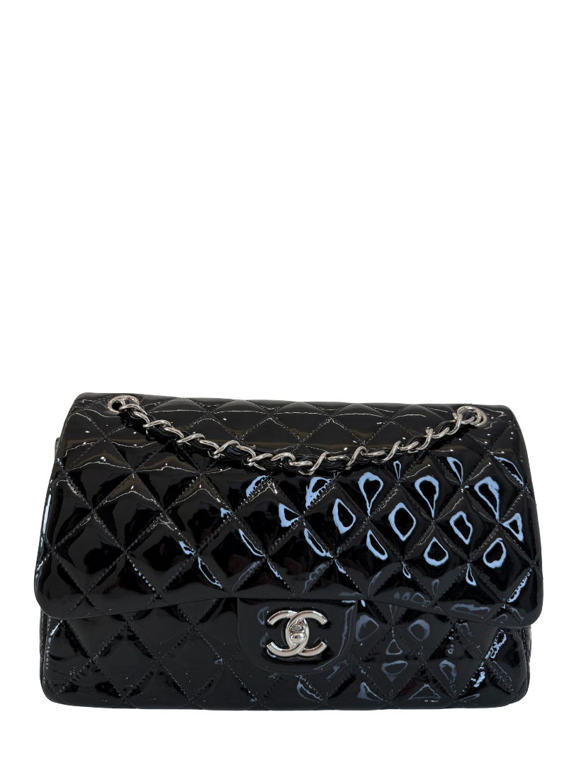 Chanel Classic Jumbo Black Quilted Patent Leather Double Flap Bag