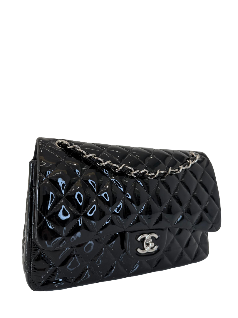 Chanel Classic Jumbo Black Quilted Patent Leather Double Flap Bag