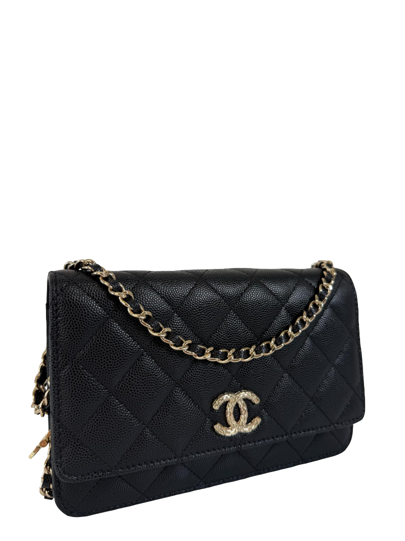 Chanel Black Quilted Caviar Leather Wallet On Chain