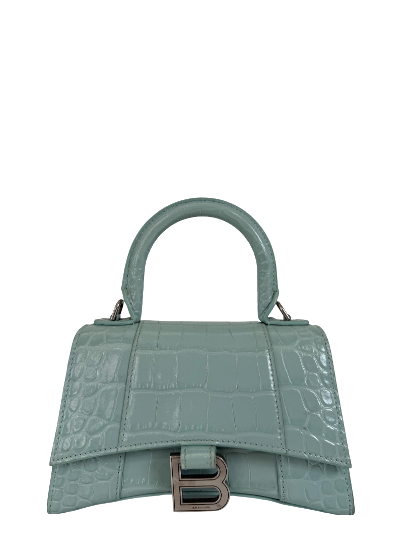 Balenciaga Green Aqua Croc Embossed Leather XS Hourglass Top Handle Bag