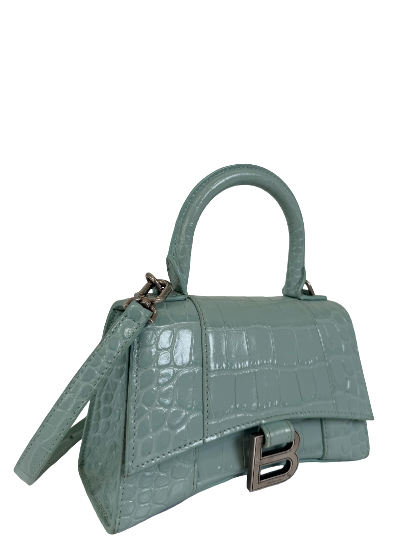Balenciaga Green Aqua Croc Embossed Leather XS Hourglass Top Handle Bag
