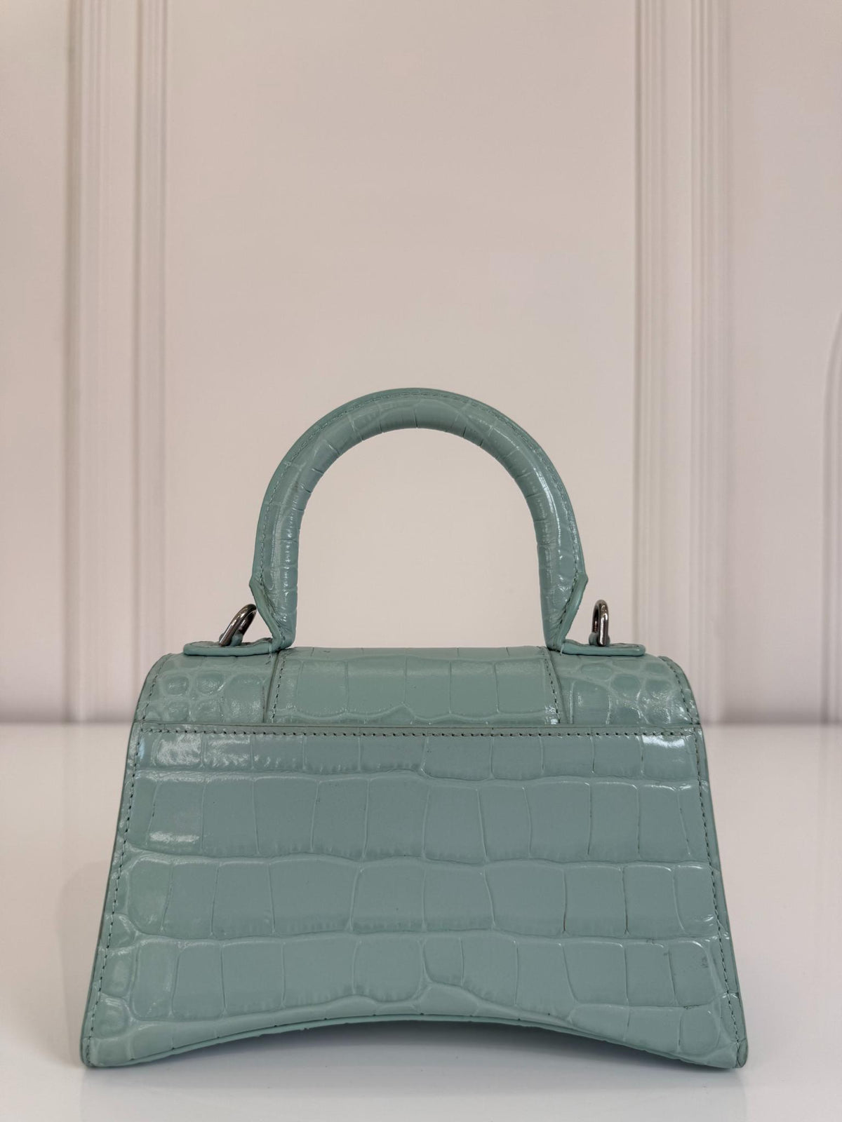 Balenciaga Green Aqua Croc Embossed Leather XS Hourglass Top Handle Bag